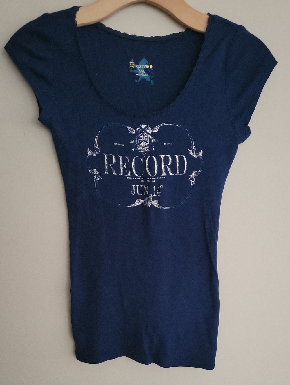 Express Vintage Navy Blue Graphic Scoop Neck Tee with Silver Print Size XS
